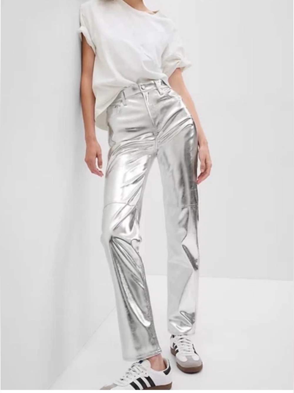 Gap Cheeky Straight High Rise Metallic Silver Vegan Leather Jeans 26/2 *NWOT